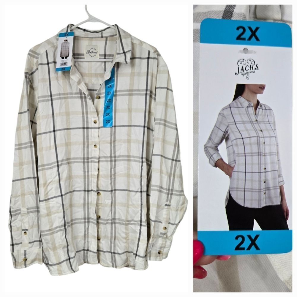 Jachs Girlfriend NWT Women's 2X Super Soft Pocket Flannel Shirt White Shacket